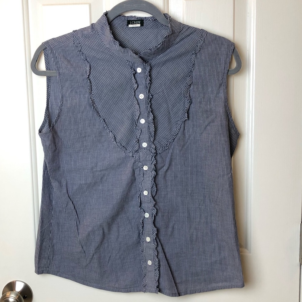 J. Crew Factory Blue and White Striped Sm Ruffle Sleeveless Blouse - Picture 8 of 8